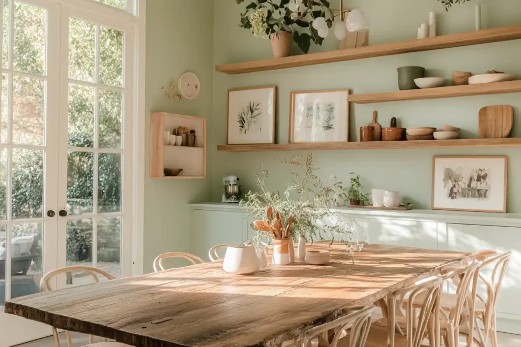 A beautifully decorated dining area featuring a gallery wall with a mix of art prints, family photos, and decorative shelves. The room is warmly lit, showcasing a rustic wooden dining table surrounded by elegant chairs. Soft greenery is incorporated into the decor, creating a cozy and inviting atmosphere. The color palette includes warm earth tones and soft pastels.