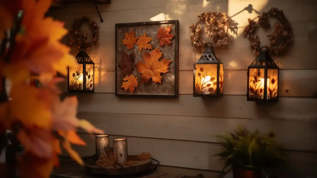 An outdoor wall adorned with autumn-themed decor, featuring warm colors and weather-resistant materials.