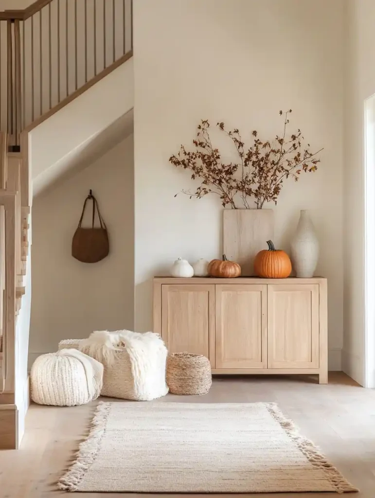 A cozy autumn-themed foyer with rustic wall art, pumpkins, and warm colors, creating a welcoming seasonal atmosphere.