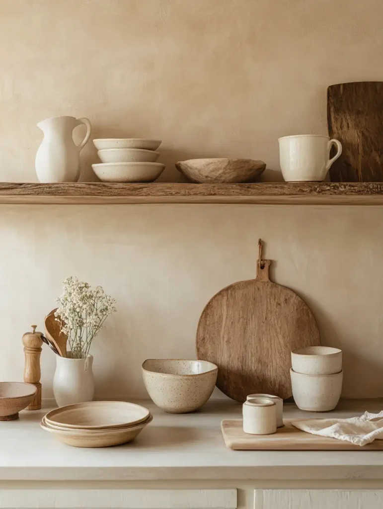 A kitchen shelf displaying a variety of functional and decorative ceramic pieces in a cohesive design.