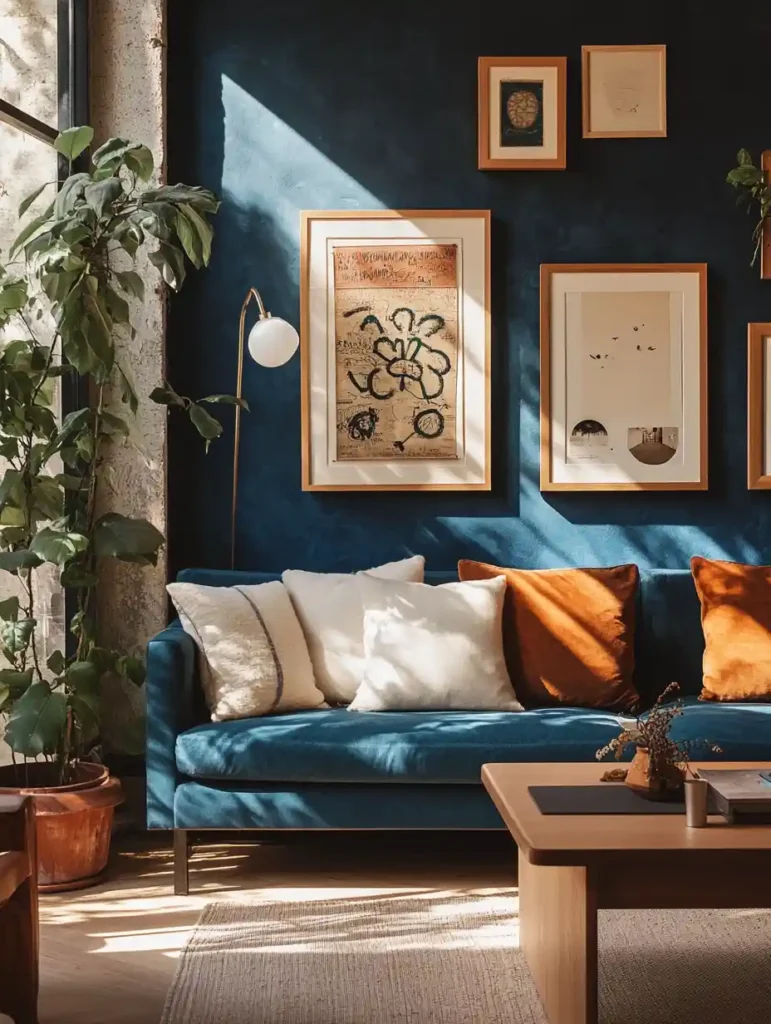 A stylish living room adorned with cobalt blue and burnt orange wall decor, featuring a gallery wall of personalized art and photographs.