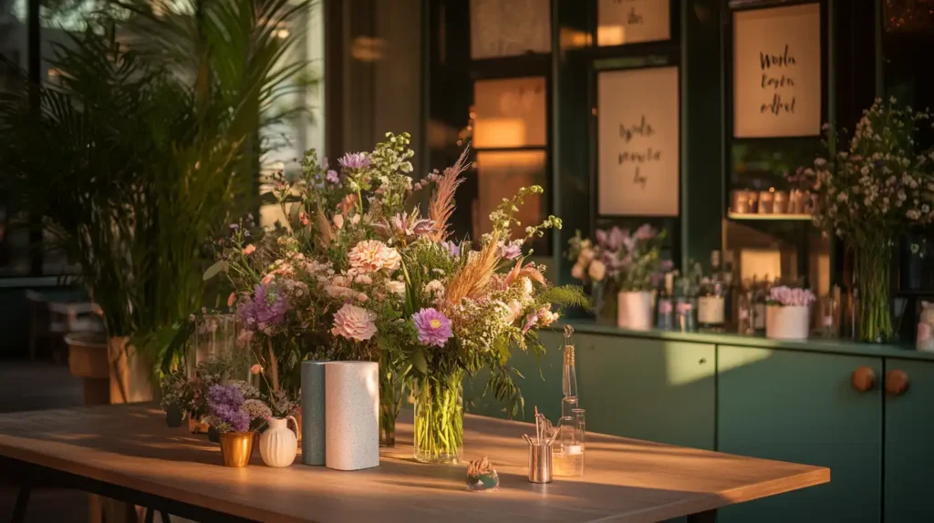 A beautifully decorated table for International Women's Day featuring floral arrangements, inspirational quotes, and a warm atmosphere.