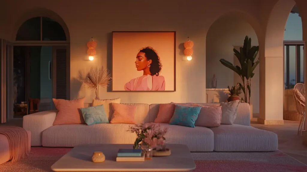 A beautifully decorated living room for Women's Day 2025, showcasing colorful cushions, floral arrangements, and inspiring wall art.