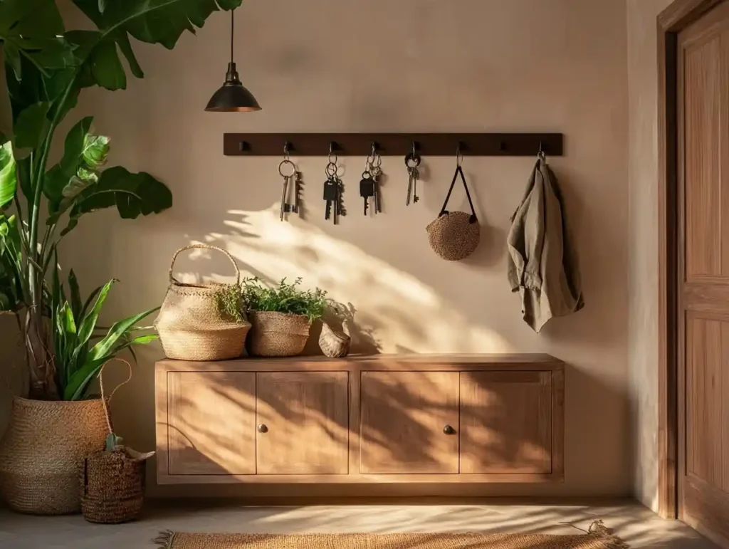 A vintage key holder with intricate metalwork, displayed against a rustic wall