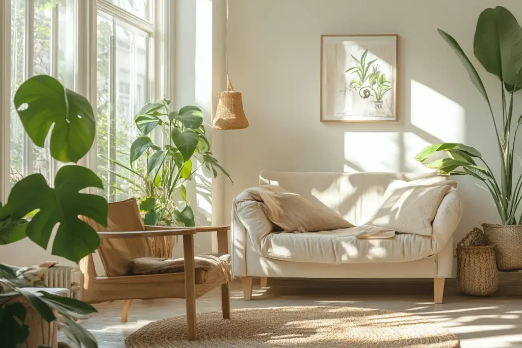 A cozy living room featuring DIY home decor ideas, including handmade wall art, upcycled furniture, and vibrant plants, all in a warm, inviting atmosphere, natural lighting, realistic style.