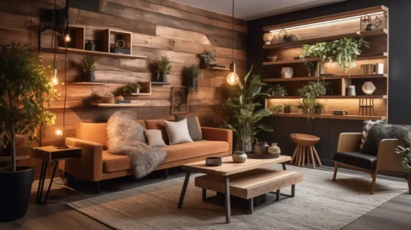 A cozy living room showcasing beautiful wood wall decor with shelves, plants, and warm lighting.