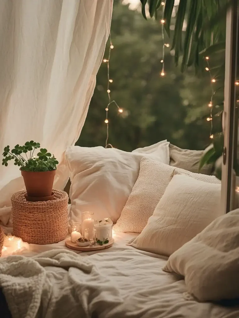 A cozy nook decorated for St. Patrick's Day, featuring plush pillows, soft blankets, and twinkling fairy lights. Incorporate potted shamrocks and a small table with festive treats.
