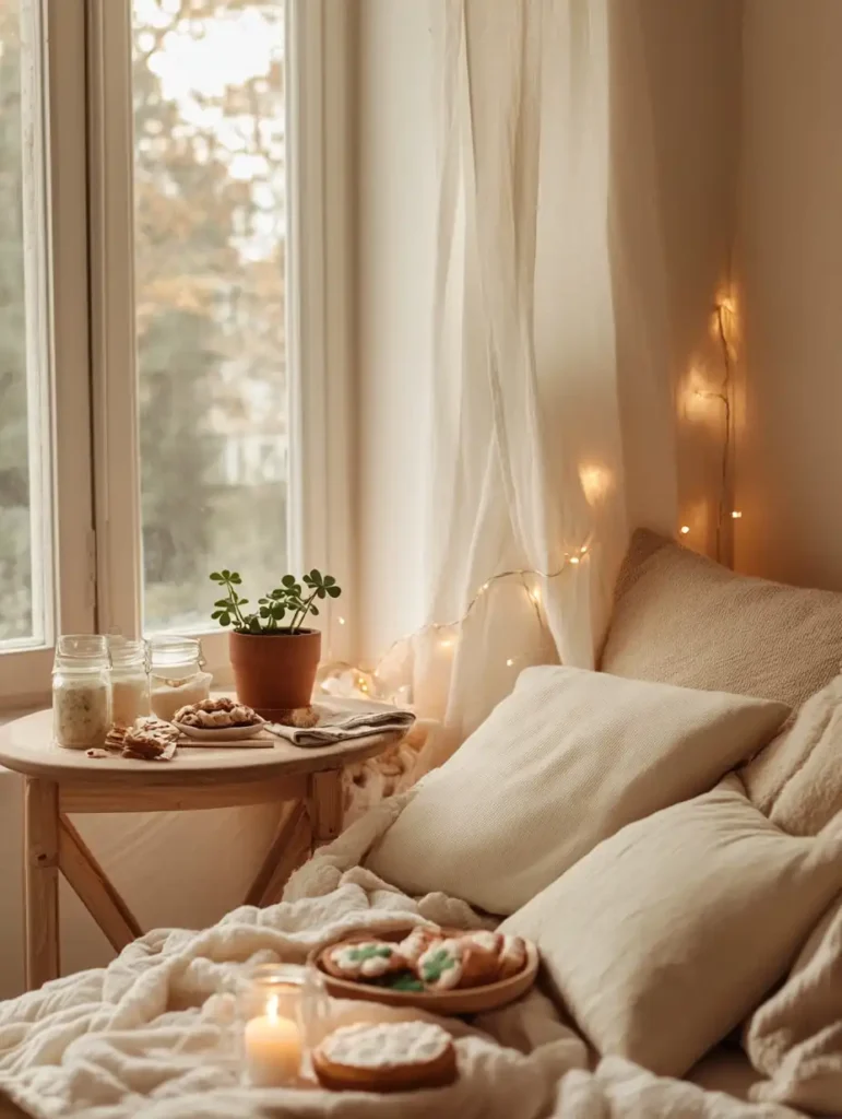 A snug corner filled with festive decorations and cozy elements for St. Patrick's Day.