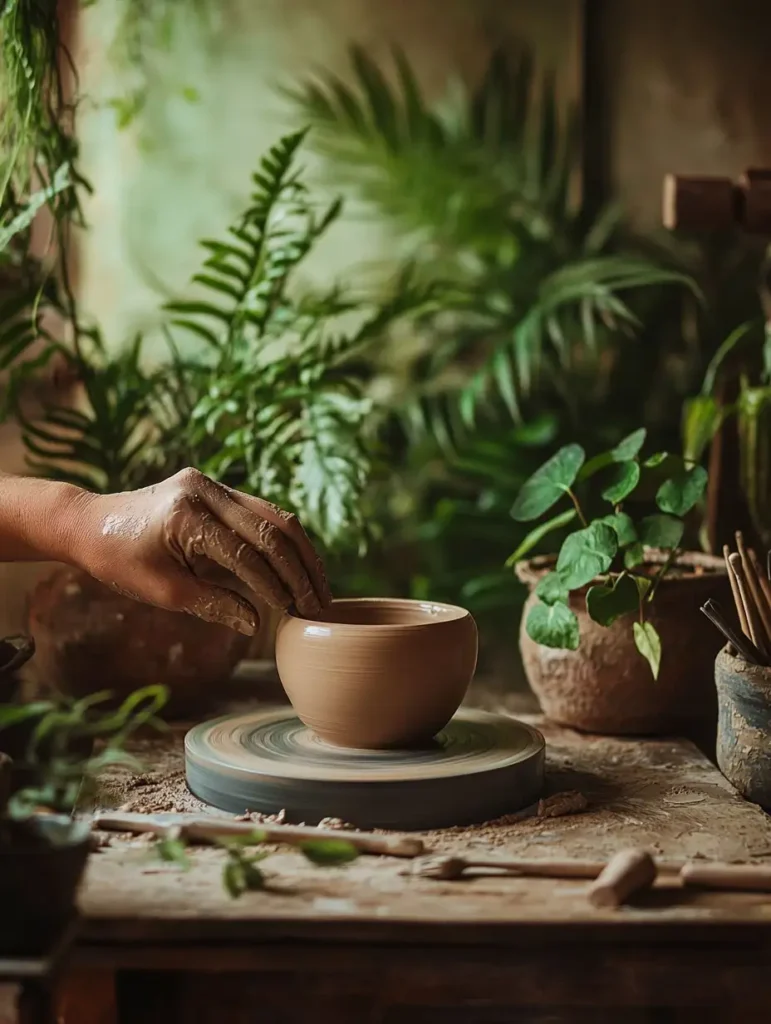 An artisan shaping a ceramic planter on a pottery wheel, with tools and plants in the background.