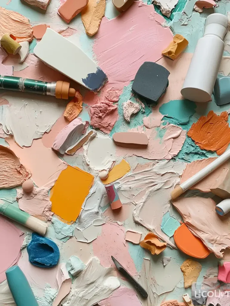 A close-up view of a colorful DIY wall art project made from recycled materials, highlighting the creative process with tools and materials in the background