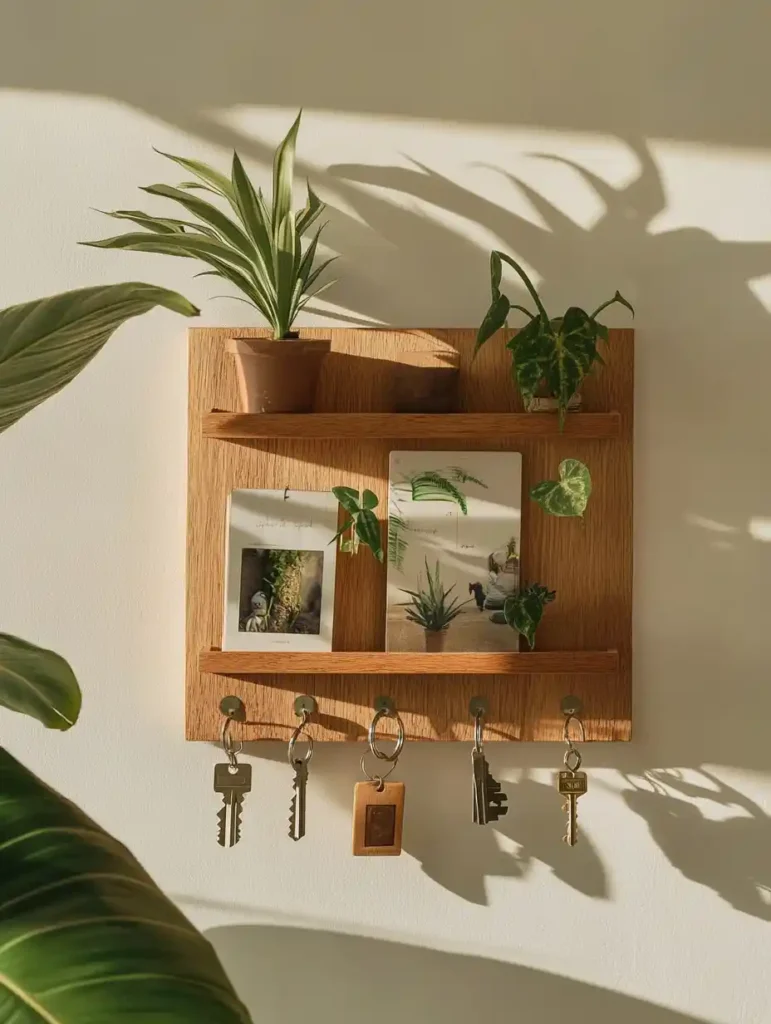 A creative key holder displaying small plants and photos, transforming a functional item into a decorative piece.