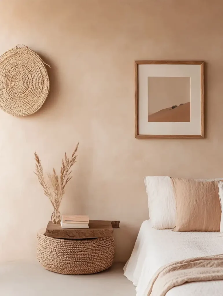 A close-up of a creative wall decor arrangement, featuring a mix of textured wall hangings, such as macramé, woven baskets, and framed photographs.