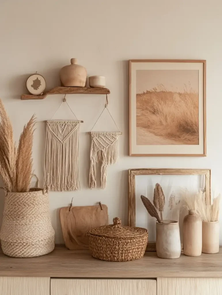 A close-up view of a bohemian-inspired wall decor arrangement with macramé, woven baskets, and framed photos against a pastel background.