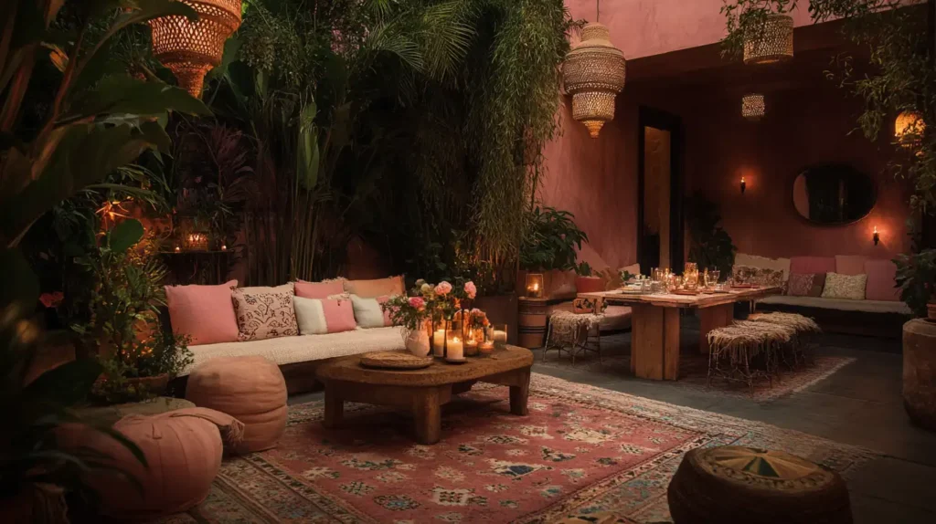 A beautifully decorated space for Women's Day, featuring colorful handwoven textiles from various cultures, intricate Moroccan lanterns, and floral arrangements symbolizing hospitality.