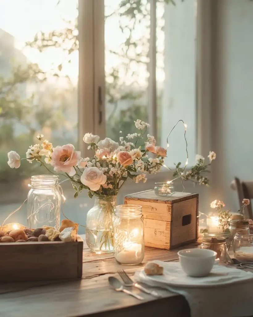 A DIY centerpiece made from mason jars and flowers, showcasing creativity for International Women's Day.