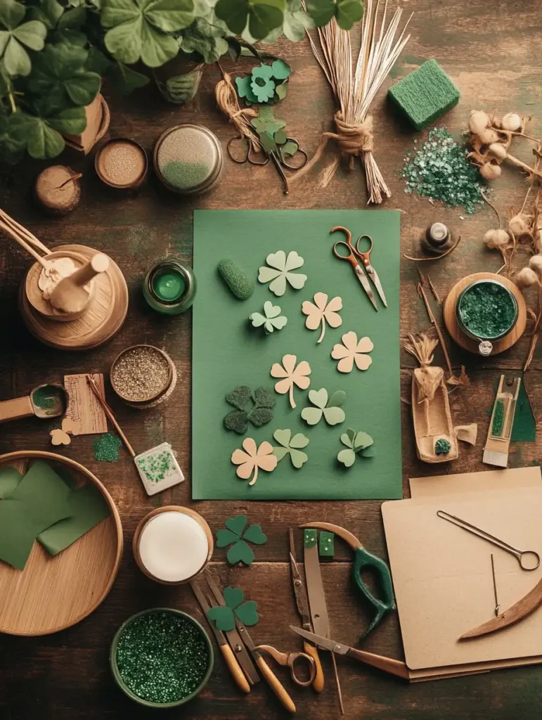 A vibrant crafting space with materials for making shamrock decorations for St. Patrick's Day.
