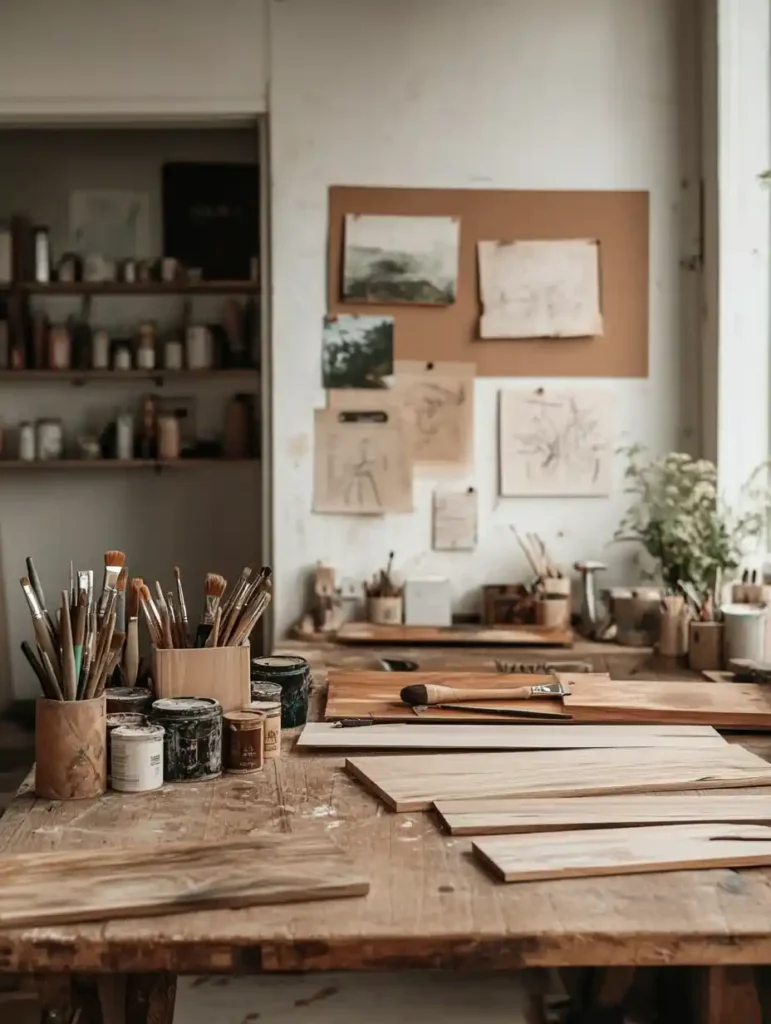 A DIY workspace filled with tools and materials for creating wood wall art, showcasing a creative atmosphere.