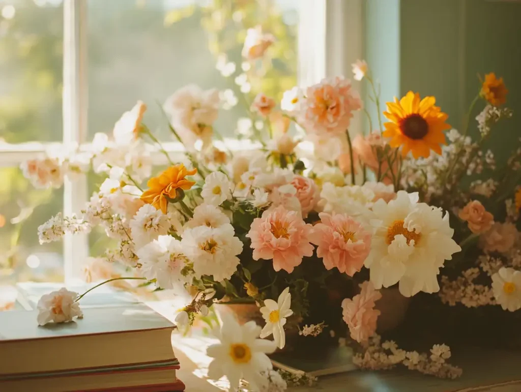 A colorful table centerpiece for Women's Day, featuring vibrant flowers and books by influential women.