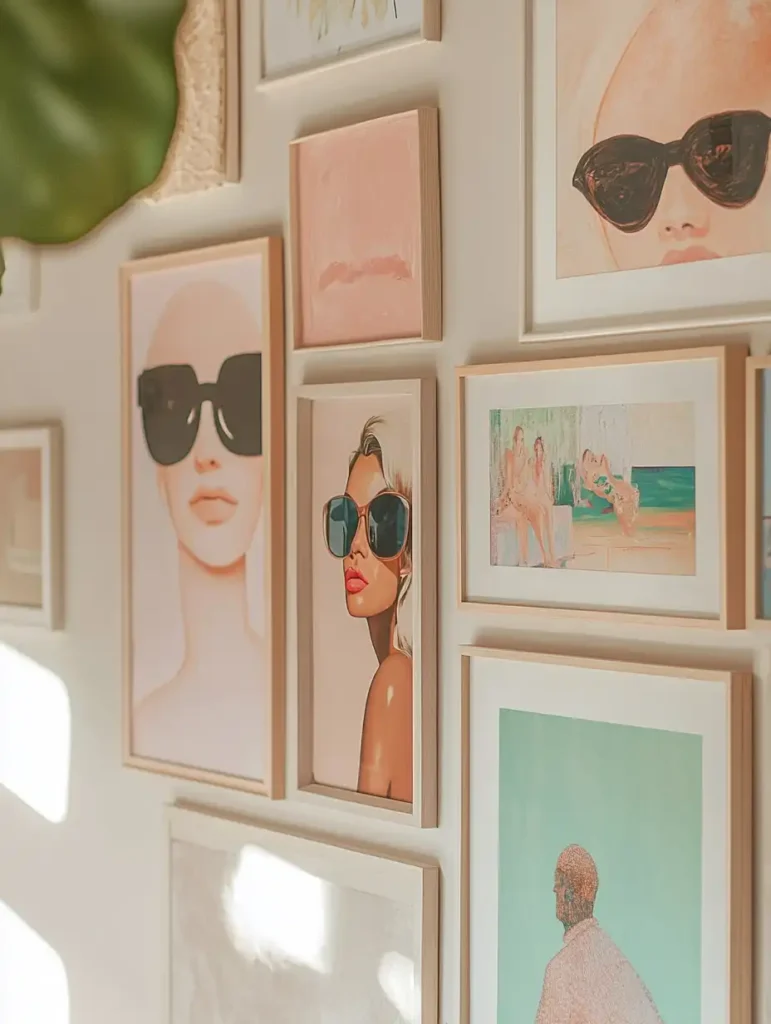 A close-up of a gallery wall featuring various styles of wall art, including abstract and vintage pieces, beautifully arranged for visual impact.