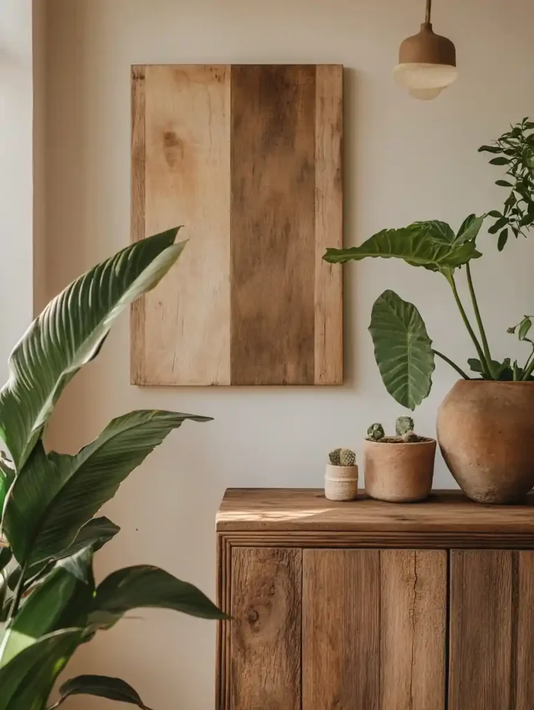 A collage of various wood wall art styles, including minimalist geometric designs, intricate carvings, and abstract pieces, displayed on a gallery wall.