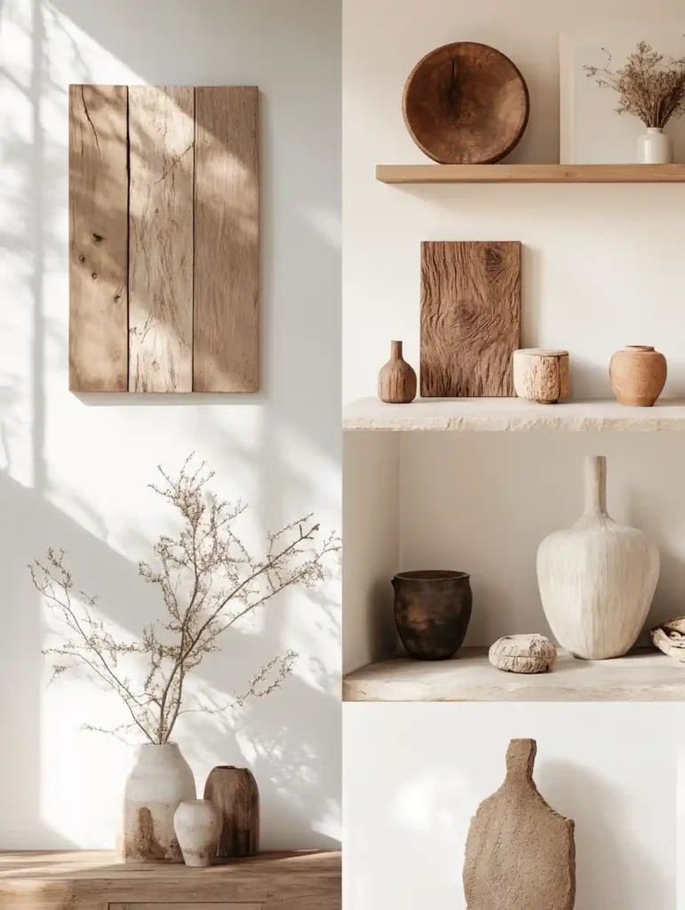 A gallery wall featuring a variety of wood wall art styles, from minimalist to intricate carvings.