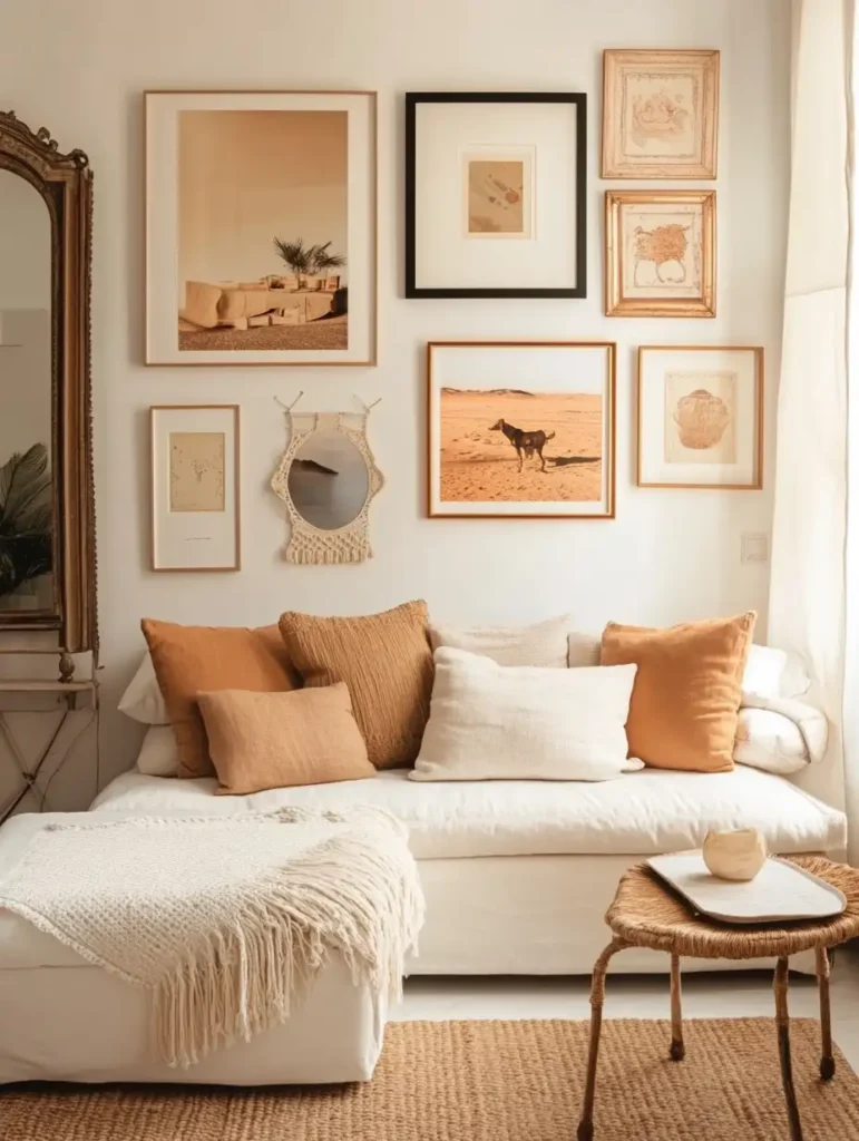 An eclectic gallery wall above a stylish couch, featuring a mix of framed photographs, art prints, and decorative mirrors, arranged in a visually appealing layout.