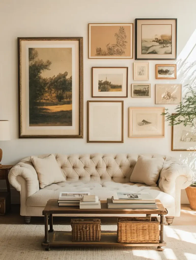 An eclectic gallery wall above a stylish couch, showcasing a mix of framed photographs and art prints.