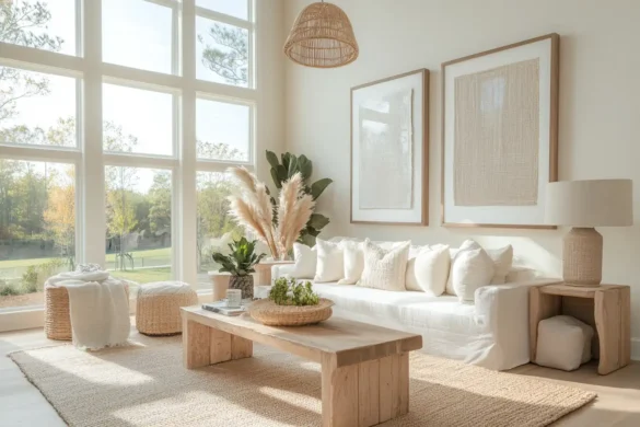 A stylish living room adorned with a variety of wall art, including paintings and prints, creating a warm and inviting atmosphere.