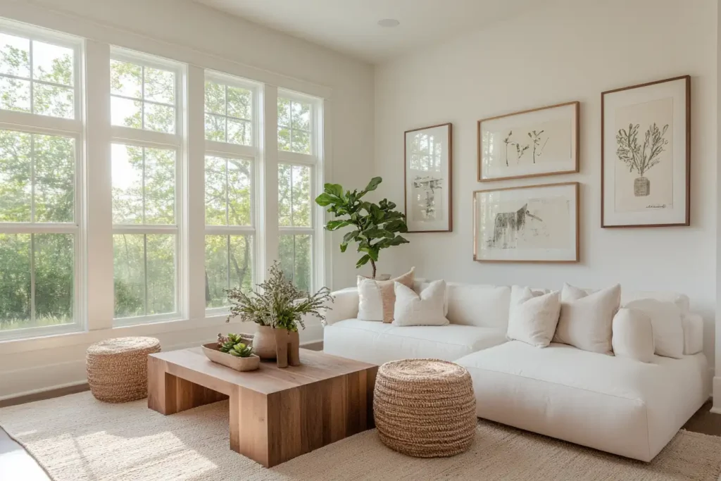 A beautifully styled living room featuring an eclectic mix of wall art, including framed paintings, modern prints, and textured wall hangings.