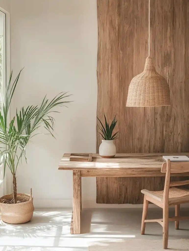 A cozy home office featuring textured walls made from reclaimed wood, decorated with plants and eco-friendly materials.