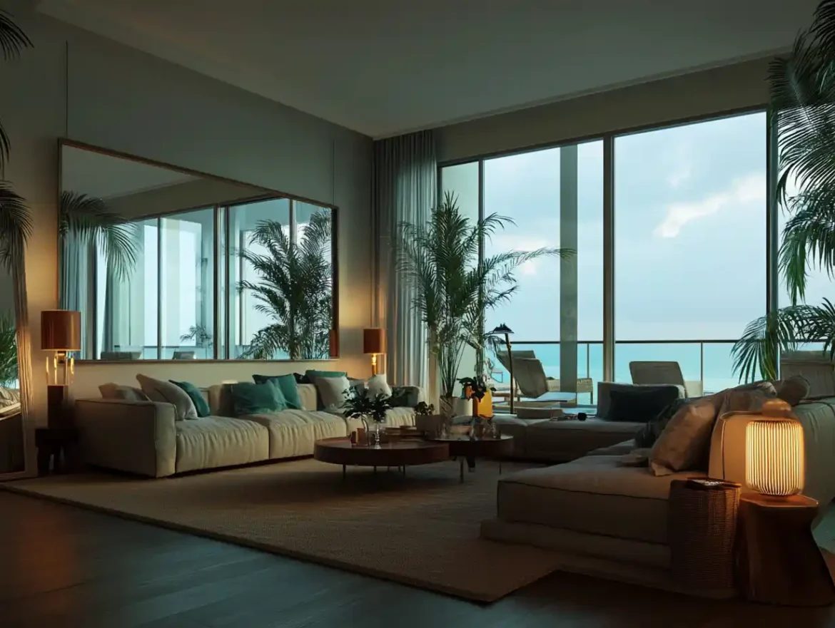 Elegant Mirrored Wall Decor in a Modern Living Room A stylish modern living room featuring elegant mirrored wall decor that enhances light and space.