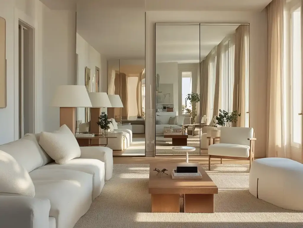 A modern living room with elegant mirrored wall decor, bright natural light reflecting off the mirrors