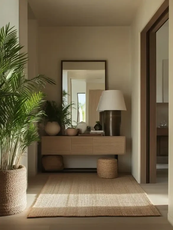 A modern foyer with vibrant artwork, a large mirror, and stylish storage solutions, creating an inviting atmosphere.