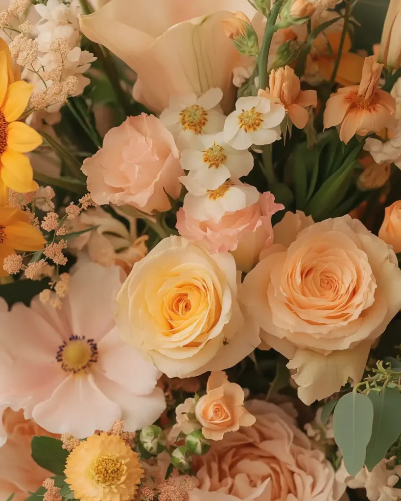 A close-up of a floral arrangement featuring yellow roses, irises, and sunflowers, symbolizing empowerment and friendship.