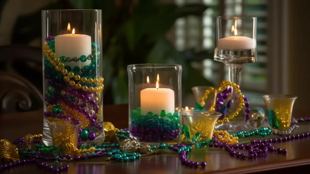 A vibrant Mardi Gras table centerpiece with glass vases filled with beads and floating candles, complemented by whimsical paper garlands.