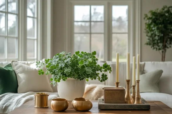 A cozy living room adorned with St. Patrick's Day decorations, featuring shamrocks, gold accents, and a vibrant table setting.