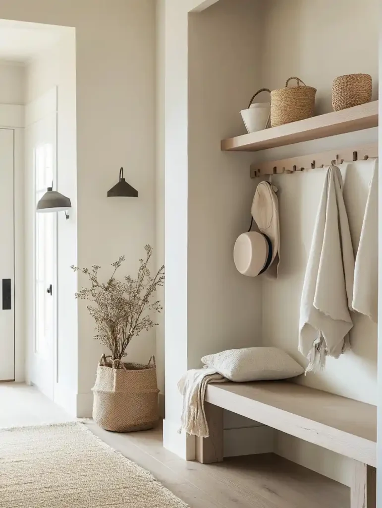 A functional foyer with a stylish coat rack, floating shelves, and a small bench, showcasing a blend of style and utility.