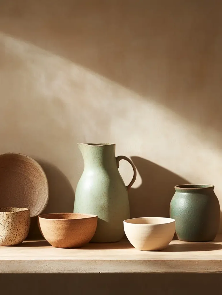 A beautifully arranged display of handmade ceramic pieces, including vases, bowls, and dinnerware, showcasing earthy tones and rich textures, set against a warm, inviting background with soft natural lighting.