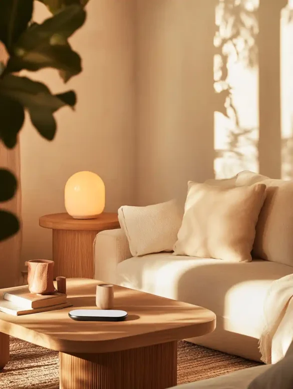A modern living room with smart furniture and vibrant decor, showcasing innovative home goods.