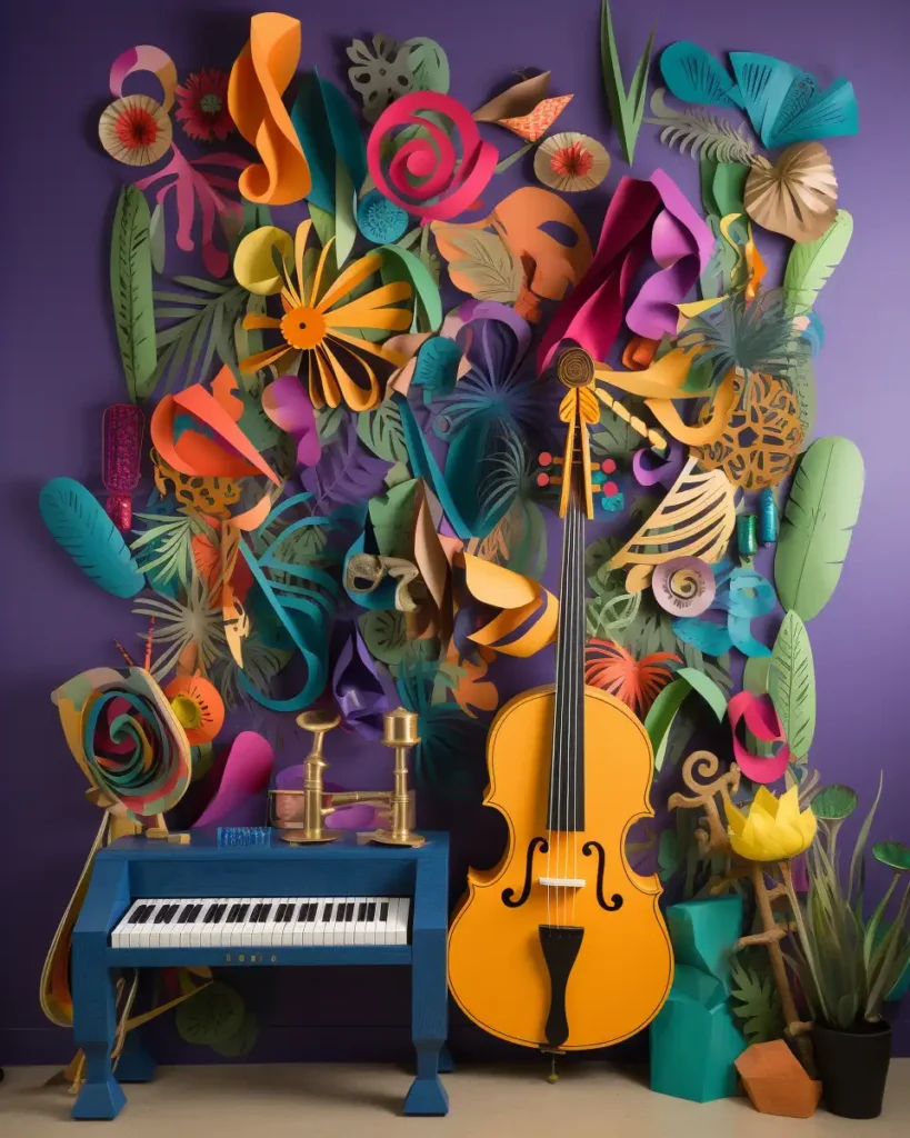 A colorful interactive wall decor for Mardi Gras featuring paper cutouts of jazz instruments and masks, made from sustainable materials.