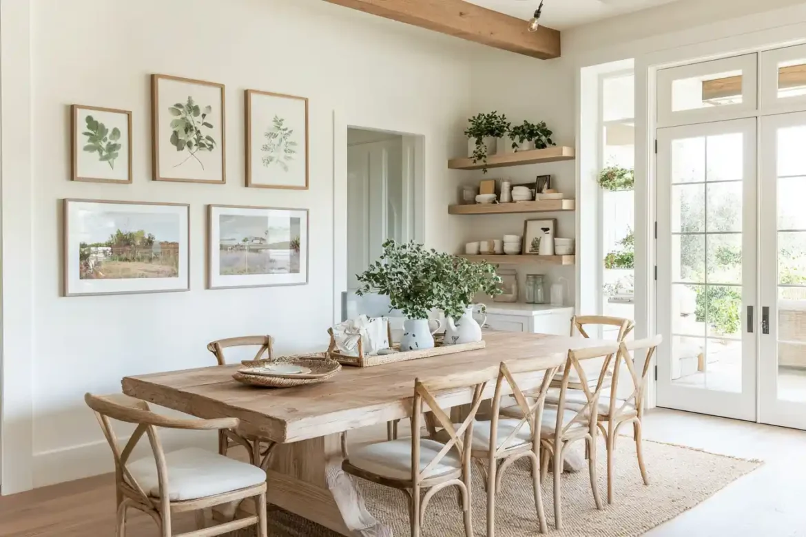A cozy dining area showcasing a gallery wall with art prints and family photos, surrounded by warm lighting and greenery.