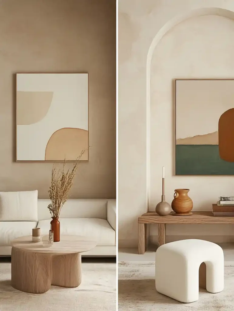 A comparison of two living rooms, one with modern geometric art and the other with traditional landscape art, showcasing different decor styles.