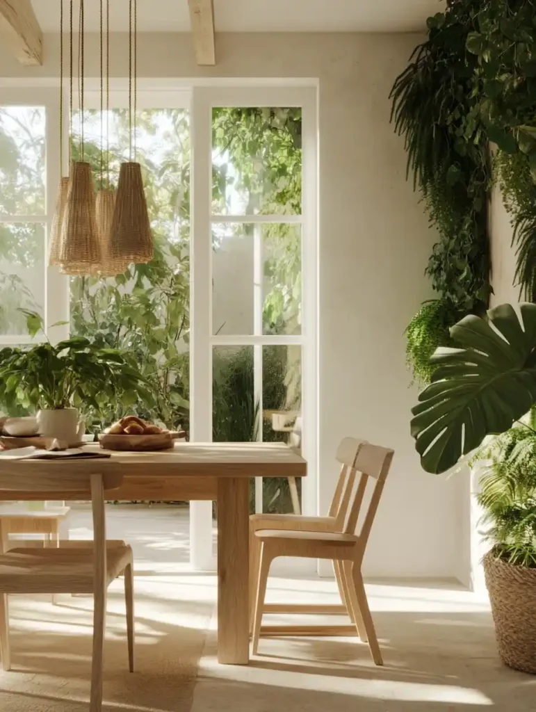 A dining area featuring a vertical garden and hanging plants, creating a fresh and inviting atmosphere.