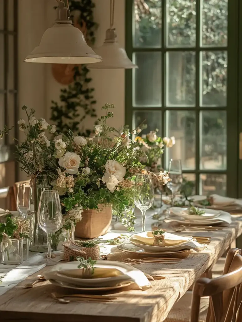A beautifully arranged dining table with fresh flowers and greenery for St. Patrick's Day celebrations.
