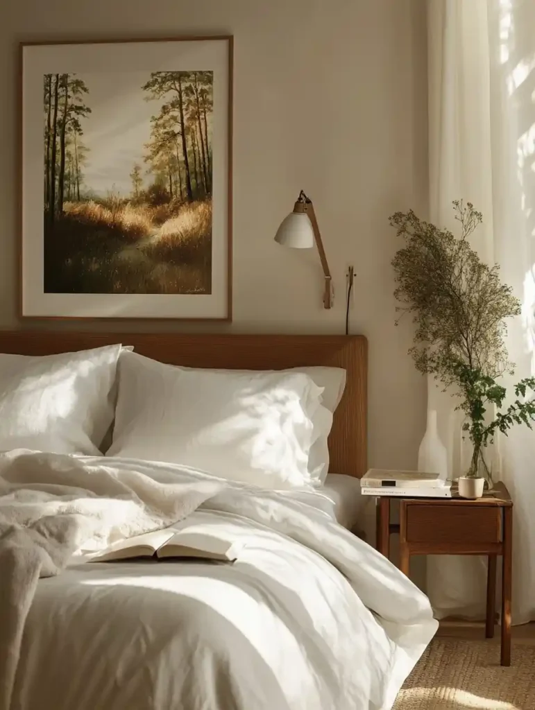 A serene bedroom with large nature-inspired wall art depicting a tranquil forest landscape. The artwork is framed elegantly, and soft lighting creates a calming atmosphere. Include a bedside table with a small plant and a book.