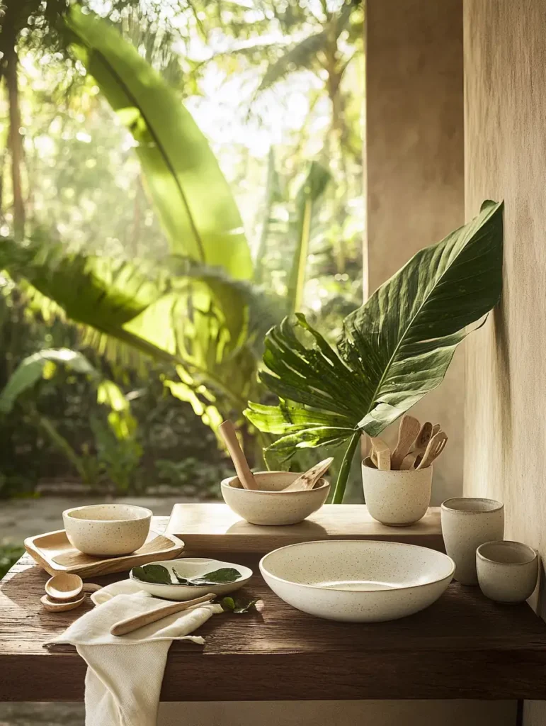 Nature-inspired ceramic dishes displayed outdoors, surrounded by plants and natural light.