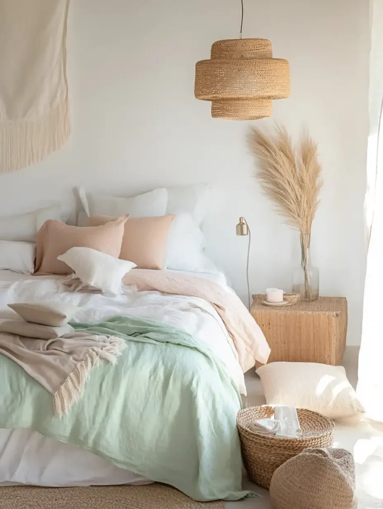 A stylish bedroom decorated in soft pastel hues, including mint green, pale peach, and soft lilac. The room features layered textiles, such as plush throws and textured pillows, with a pastel accent wall that creates a light and airy ambiance.