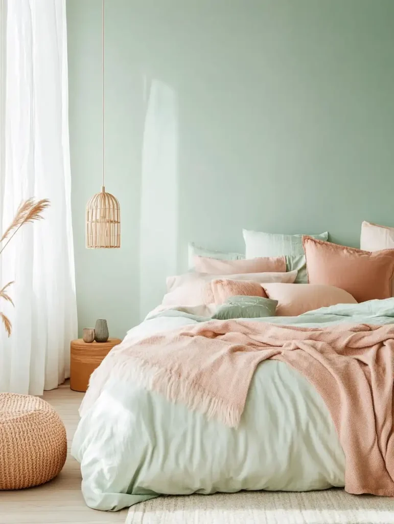 A beautifully decorated bedroom in soft pastel colors, featuring layered textiles and a pastel accent wall, embodying the tranquility of spring.