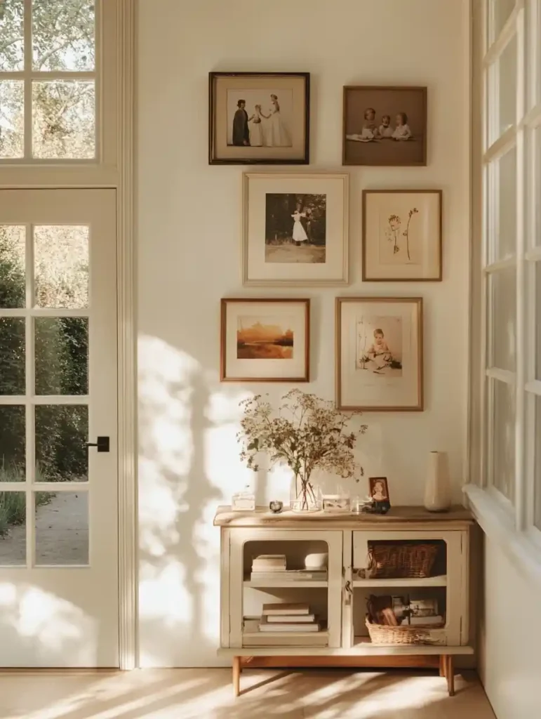 A cozy foyer featuring a gallery wall of family photos and colorful artwork, creating a personal touch.