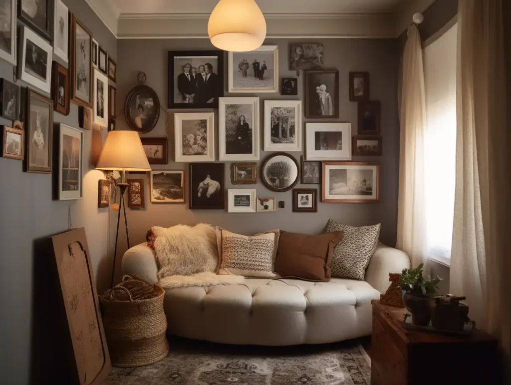 A cozy corner showcasing a memory wall with photographs and personalized cushions for Women's Day.